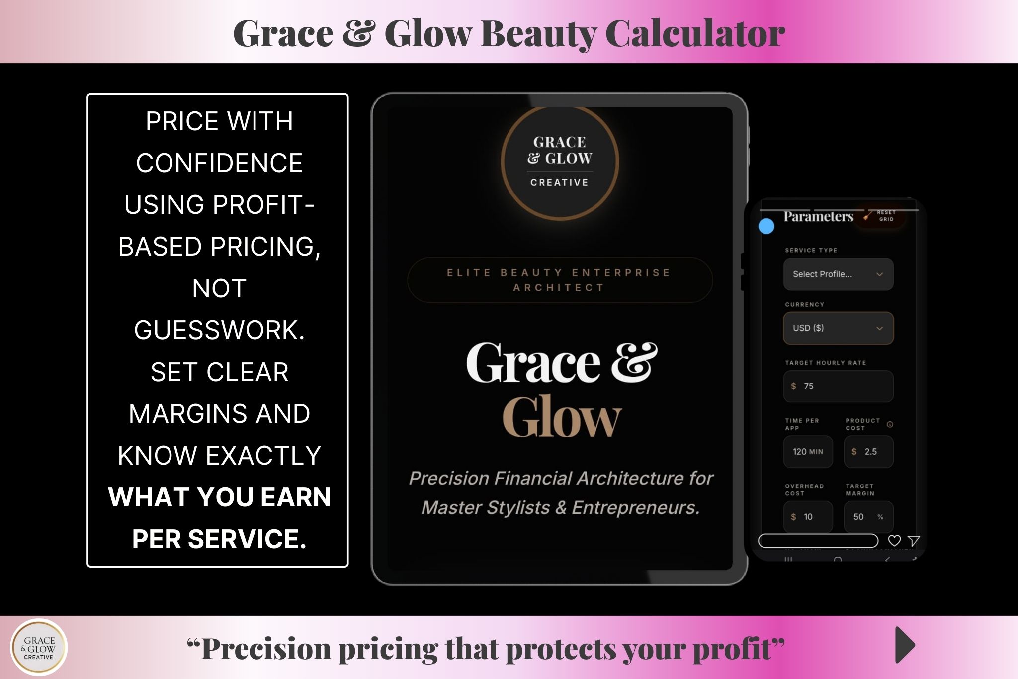 GRACE & GLOW BEAUTY CALCULATOR – FIRST 50 FREE!" 1 Grace & Glow Beauty Calculator interface on tablet and phone showing profit-based pricing parameters.