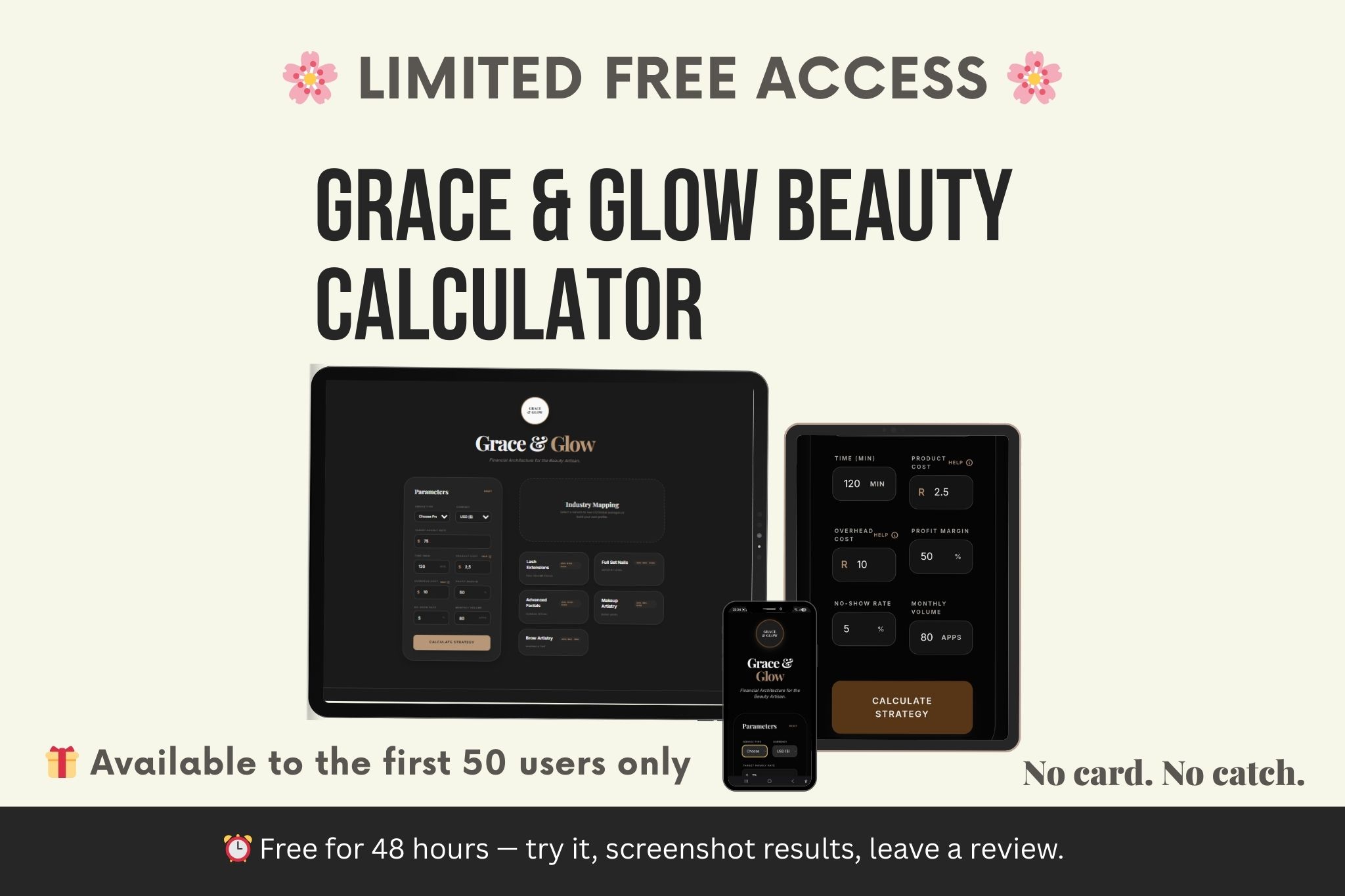 GRACE & GLOW BEAUTY CALCULATOR – FIRST 50 FREE!" 5 Grace & Glow Beauty Calculator promo showing tablet, phone, and interface with pricing parameters.