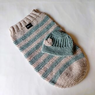 Handmade Crochet Baby Cocoon and Hat Set – Sea Green and Wheat Newborn Swaddle