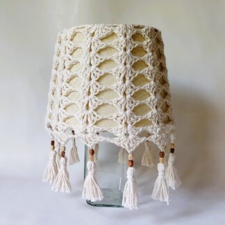 Handmade Crochet Lampshade with Tassels and Wooden Beads – Cream Boho Lamp Cover